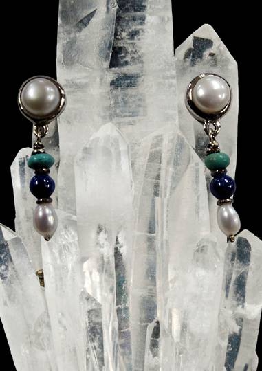 Sterling Silver Pearl Turquoise and Lapis Beaded Ear Studs